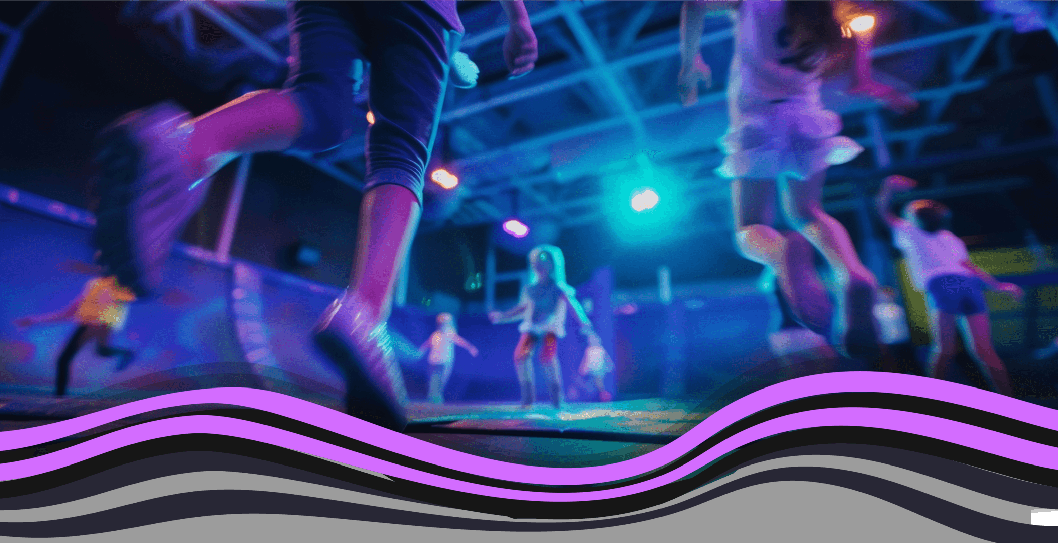 Vue d'ensemble du parc de trampolines Waza avec un panneau lumineux